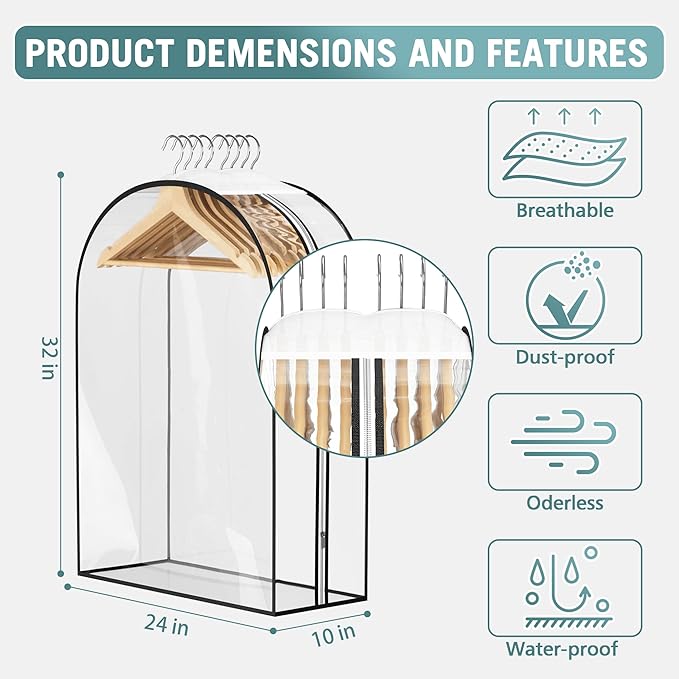 Liuoud Clear Garment Bags for Hanging Clothes 10” Gusseted, 6 Pack, 32” | Suit Bags for Closet Storage with Large Metal Zipper, Breathable odorless Hanging Plastic Clothes Cover for Coat Dress Fur - Image 5