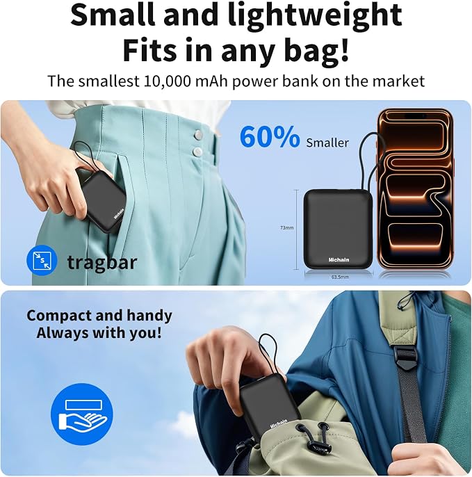 Hichain Small Portable Charger Mini Power Bank 10000mAh 22.5W Black | Built in Cables & LED Display USB-C Fast Charging Battery Pack, Travel Essential Power Bank for iPhone, iPad, Android - Image 3