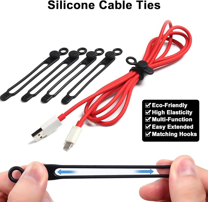 48Pcs Cord Organizer Kit, Reusable Elastic Silicone Cable Ties, Strong Adhesive Cable Clips for Cable Management, Multipurpose Wire Management for Bundling and Fastening Various Wires (Black） - Image 2