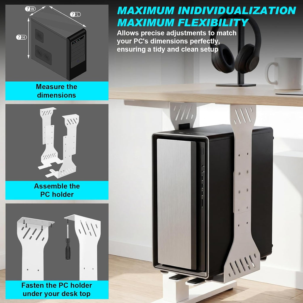 Heavy Duty Adjustable Under Desk PC Holder 7.5 to 12 Inch Wide, Supports up to 80 Lbs Load Capacity, Under Desk PC Mount, Wall Mount Space Saving Computer Case Tower Holder-White - Image 4