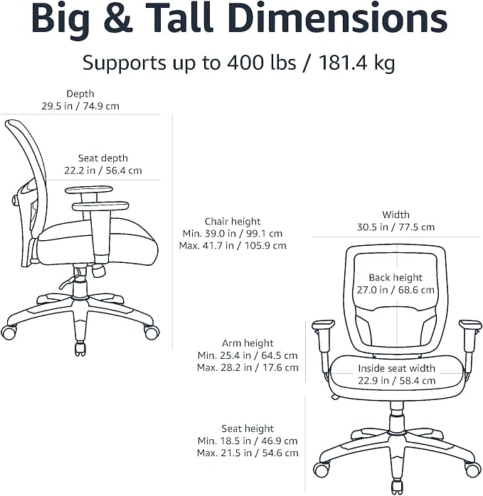 Amazon Basics Big and Tall Mesh Office Chair with Adjustable Armrests, Lumbar Support, Adjustable Height, 400lbs Capacity, Black - Image 3