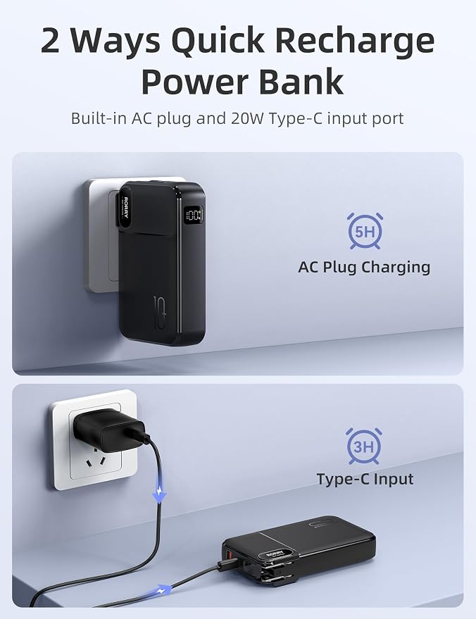 RORRY Portable Charger w/Wall Plug 10000mAh Power Bank 22.5W Battery Pack | Built in Cables, Fast Charging, for iPhone, iPad, Samsung Galaxy, Pixel, LG, Travel Essential, Digital Display, Pocket Size - Image 7