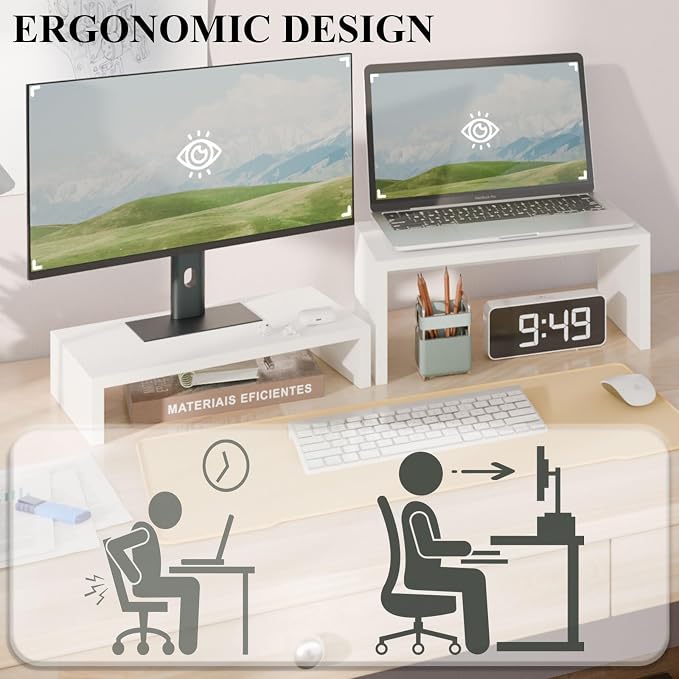 TEAMIX 2-Pack White Monitor & Laptop Stand Riser, High-Low Dual Monitor Set | Stacked/Separate Use, Adjustable Computer Stand for 2 Monitors, Holds 80Lbs, Wood Desk Organizer, for Home Office, Gaming - Image 6