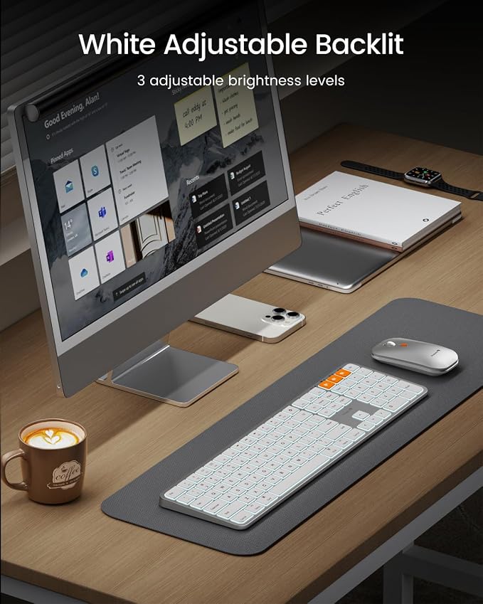 ProtoArc KM100-A Backlit Bluetooth Keyboard and Mouse for Mac, White Silver | Full-Size Mac Layout with Numeric Keypad, 3-Level White Led Backlight, 3-Device Bluetooth, Rechargeable Keyboard and Mouse - Image 3