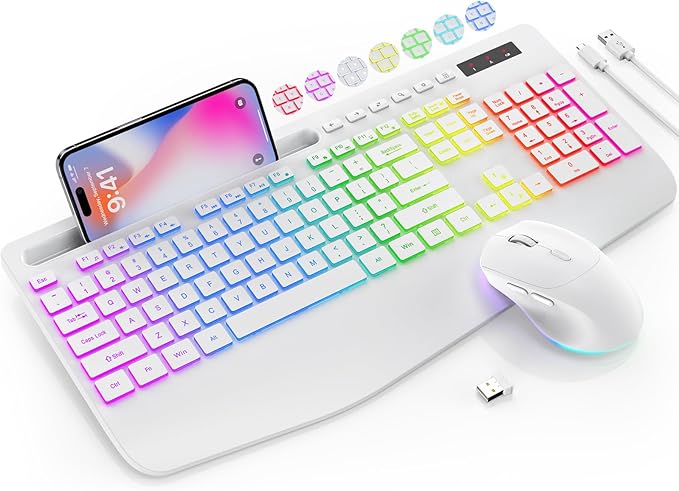Wireless Keyboard and Mouse Combo - 9 Backlit Effects, RGB, 2.4Ghz | Ergonomic Wrist Rest, Phone Holder, Rechargeable, Full Size, KM22 MAX Silent Set for Computer, Laptop, Mac, Windows (White) by SABLUTE