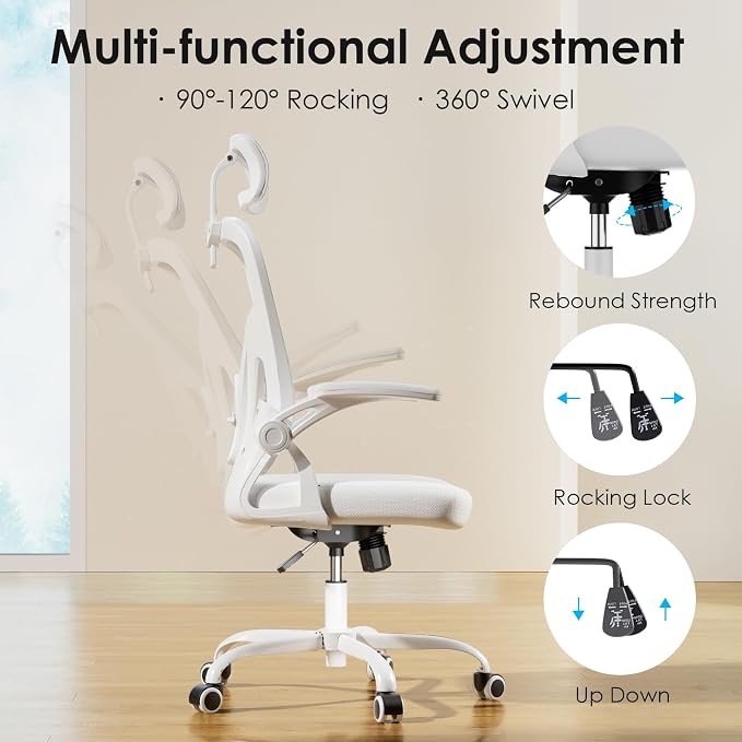 Farini Ergonomic Office Chairs with Headrest, Set of 4, White & White | High Back Swivel Computer Chair, Adjustable Armrests and Lumbar Support,Desk Chair for Home Office Bedroom - Image 5