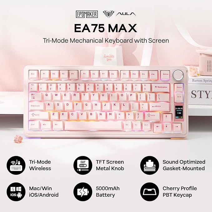 EPOMAKER X Aula EA75 MAX Wireless Gaming Keyboard with Screen & Knob | 5000mAh, Hot-Swap, Lubed Switches, RGB Backlit, Creamy Gasket, 75% Mechanical Keyboard (Pink, Reaper Switch) - Image 2
