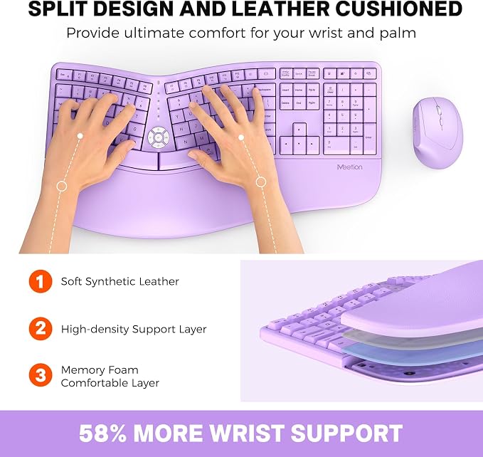 MEETION Ergonomic Keyboard and Mouse Combo, Split Wireless Design, Purple | 2.4G split keyboard with cushioned palm rest and vertical mouse, full-size natural typing design, for Windows and Mac - Image 2
