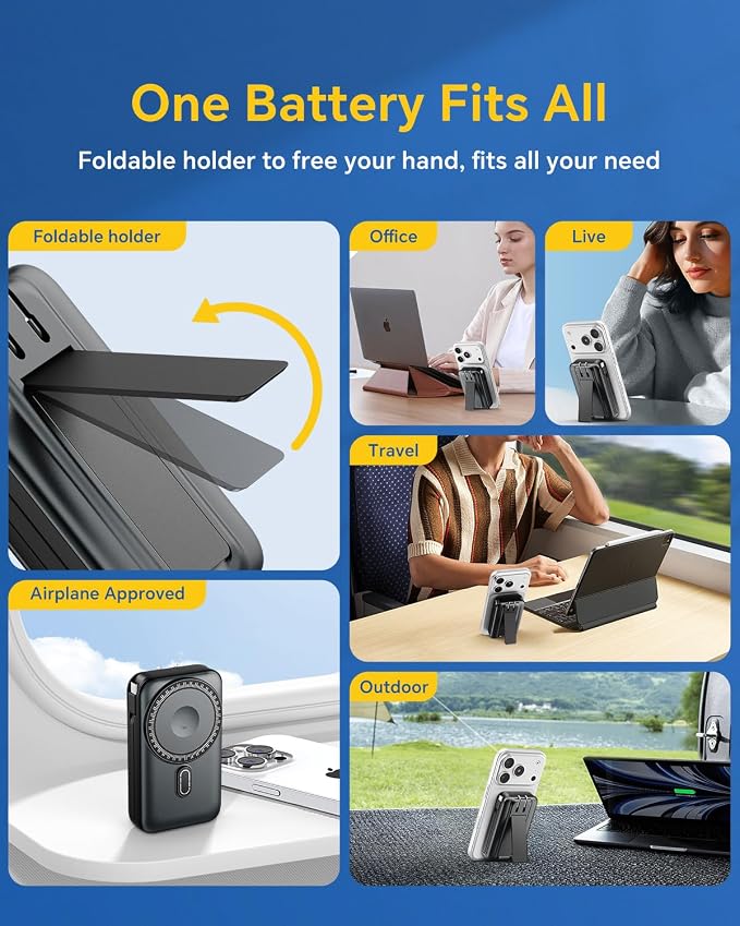 DR.HILL Magnetic Battery Pack Real Capacity 10000mAh, 22.5W Fast Charging Portable Charger with Built-in Cables & AC Wall Plug, Foldable Stand Power Bank for Apple Watch Phone 17/16/15/14/13 (Black) - Image 6