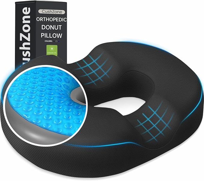 Donut Pillow Seat Cushion, Cooling Gel Memory Foam Chair Cushion, Black | Office, Home & Car Seat Cushion, Butt Pillow for Tailbone Pain Relief, Hemorrhoids and Everyday Sitting Comfort by CushZone