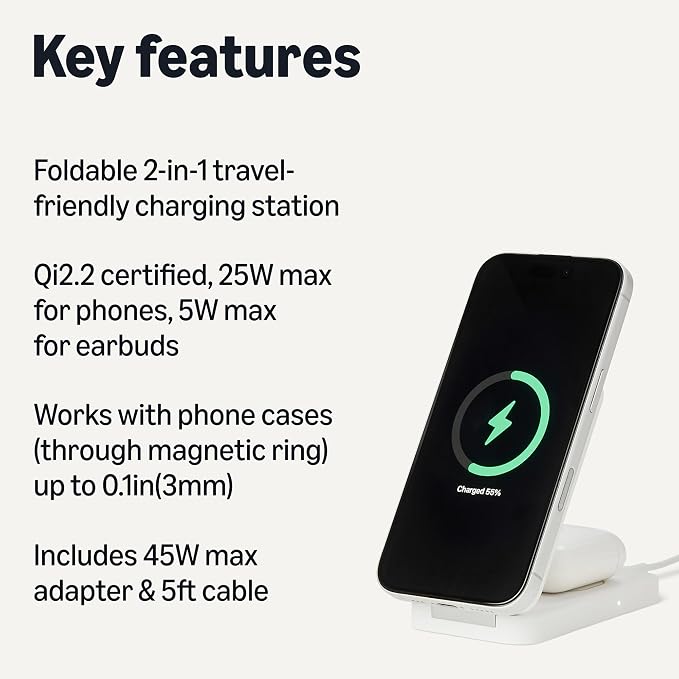 Amazon Basics MagSafe Compatible Wireless Charging Station, 25W Max. Fast Charging Qi2.2 Certified 2-in-1 Charger, Foldable Stand for iPhone 17/16/15/14/13/12 & AirPods, with 45W Max. Adapter, White - Image 2