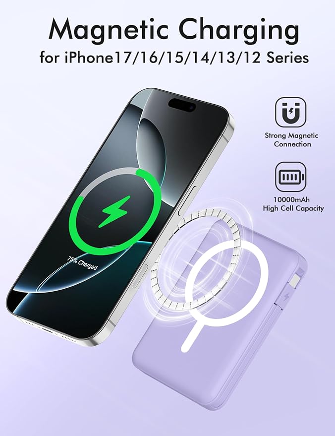 podoru for Magsafe Power Bank, 10000mAh Magnetic Portable Charger | Built-in Double USB-C Cables, 20W PD Fast Charging Wireless Battery pack for iPhone 17/16/15/14/13/12 Series-Purple - Image 5