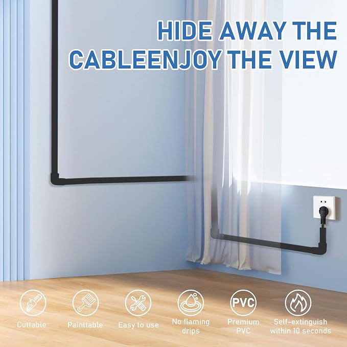 125" Small Cable Concealer for Single Cord, 8-Pack, Black | 125-inch single-cord cable concealer with 8 adhesive channels for neat wall cable management at home or the office. - Image 4