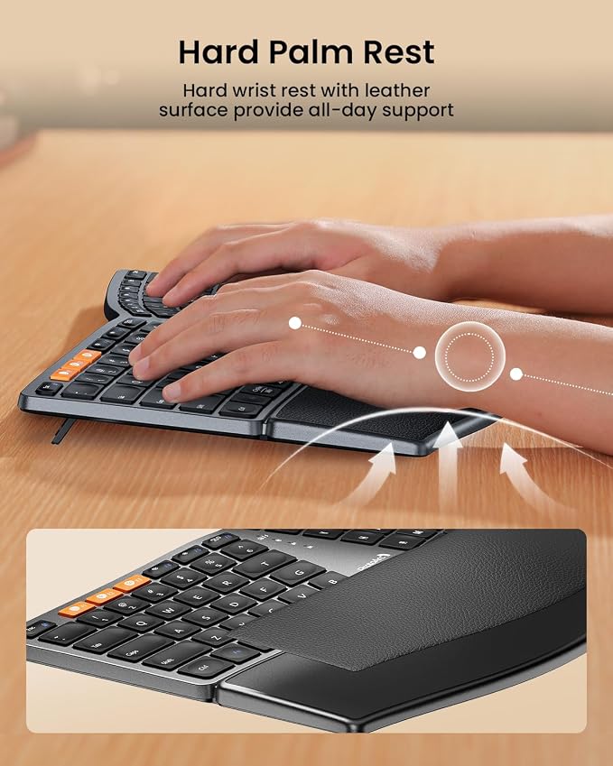 ProtoArc EK04 Mini Compact Wireless Ergonomic Keyboard - Space Gray | Hard Palm Rest, 3-Device Bluetooth/2.4G, Split Design, Rechargeable, Compatible with Windows, Mac OS - Image 3