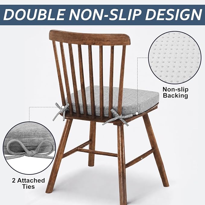 Basic Beyond Chair Cushions for Dining Chairs with Ties and Removable Cover, 2" Thick Seat Cushions for Kitchen Chairs, Set of 4, 17" x 16", Light Grey - Image 3