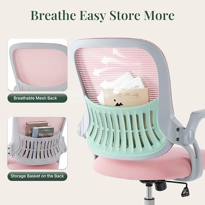 Home Office Desk Chair with Flip-up Armrest, Computer Chair | Lumbar Support, Height Adjustable, Mesh Mid-Back, Ergonomic Task Gaming Chair with 360° Swivel Wheels for Adults, Pink - Image 7