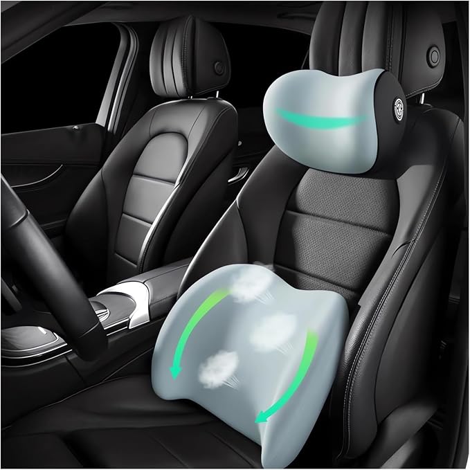 Car Headrest & Lumbar Support Cushion Ergonomic Car Seat Neck Back Rest Pillows Orthopedic Memory Foam Head Rest and Lower Lumbar Support Pillow Set Backrest Driving Seat Office Chair Support (Blue) by GYLCTOM