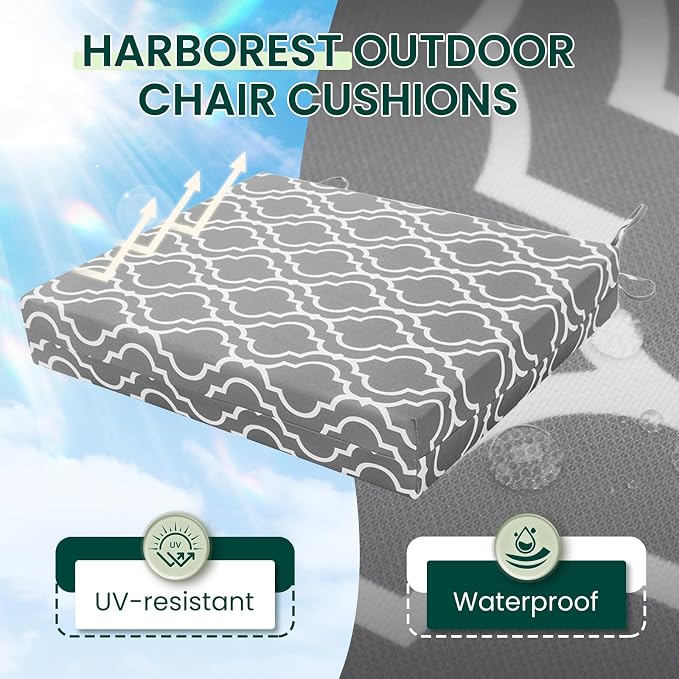 HARBOREST Outdoor Chair Cushions Set of 4, Water Resistant Patio Chair Cushions with Ties, Square Corner Outdoor Seat Cushions for Patio Furniture, 18.5"x16"x3", Grey Geometry - Image 2
