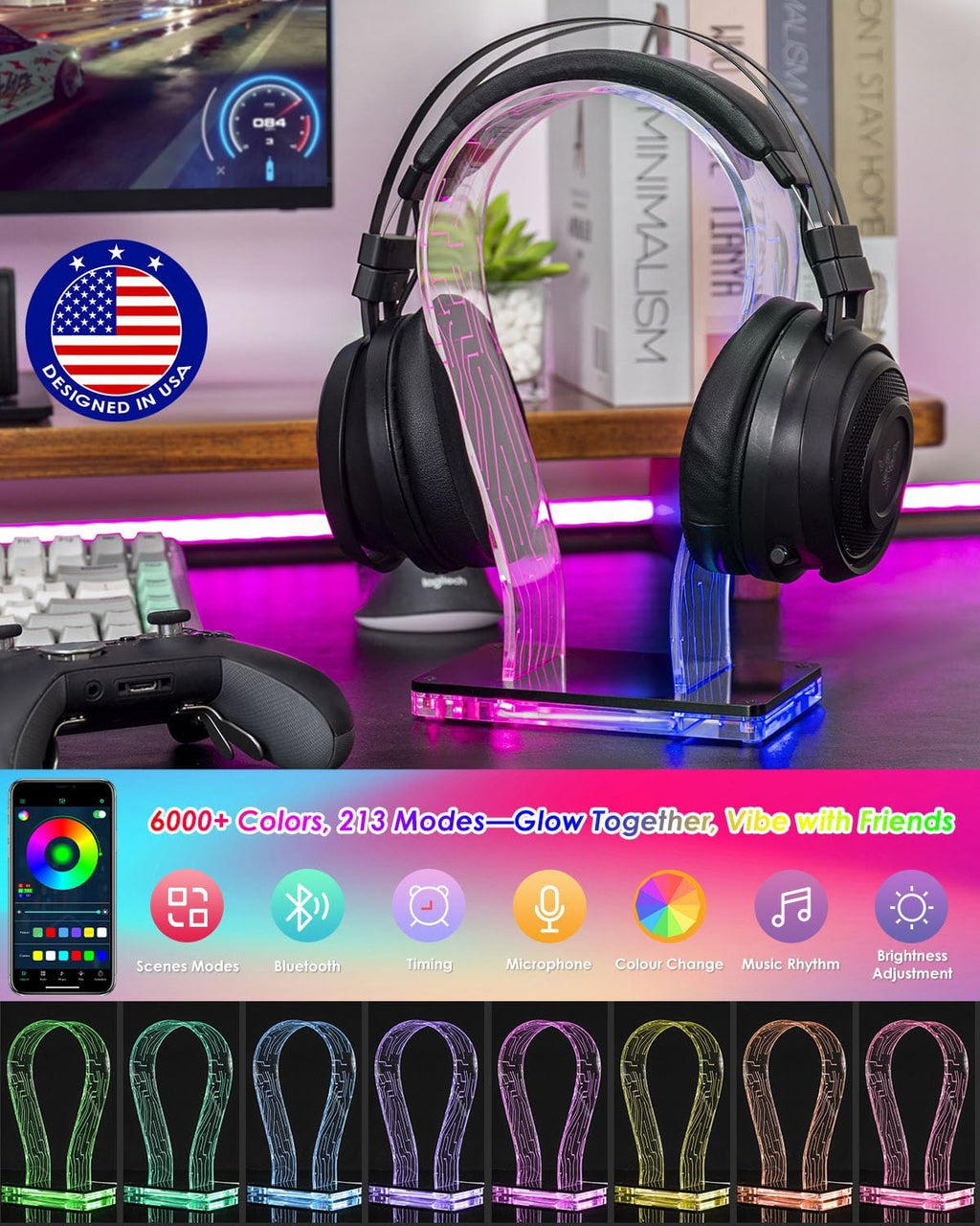 Acrylic RGB Headphone Stand for Desk with Many Light Modes & Colors - Image 2