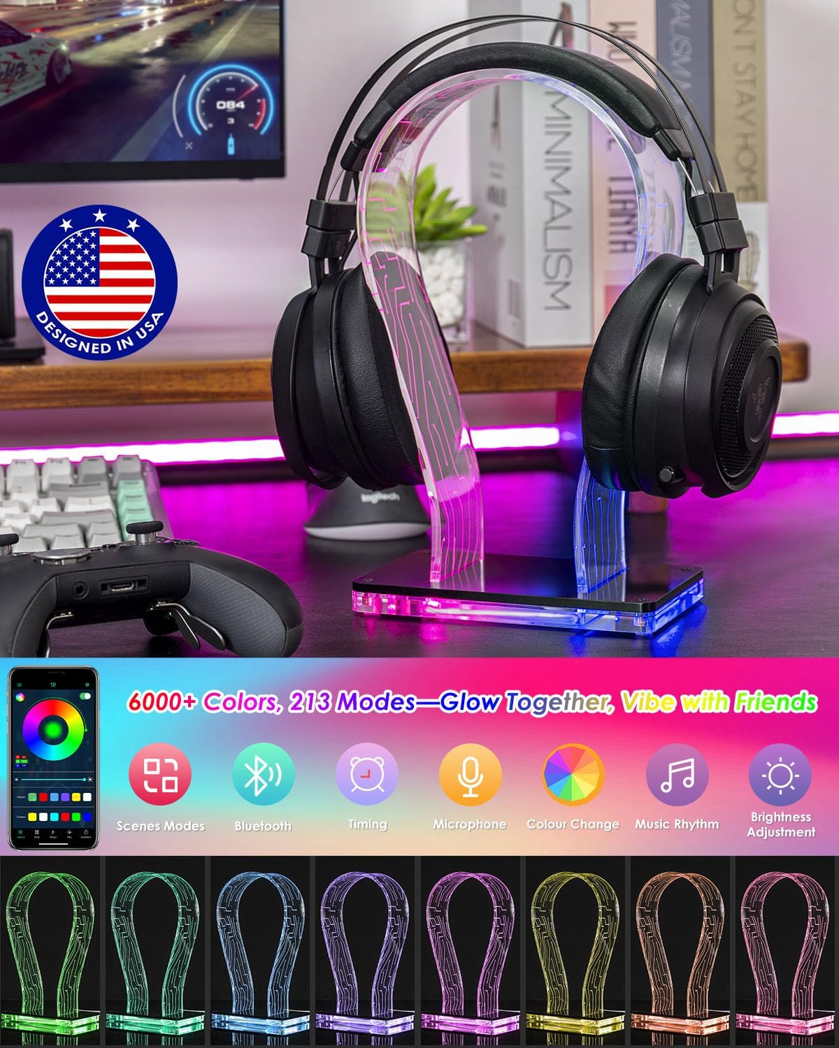 Acrylic RGB Headphone Stand for Desk with Many Light Modes & Colors - Image 2