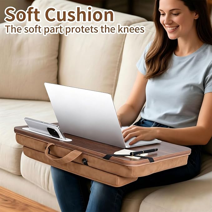 Wooden Lap Desk with Handle, Natural Wood Grain Finish, Portable Laptop Table with pohone Slots - Image 5