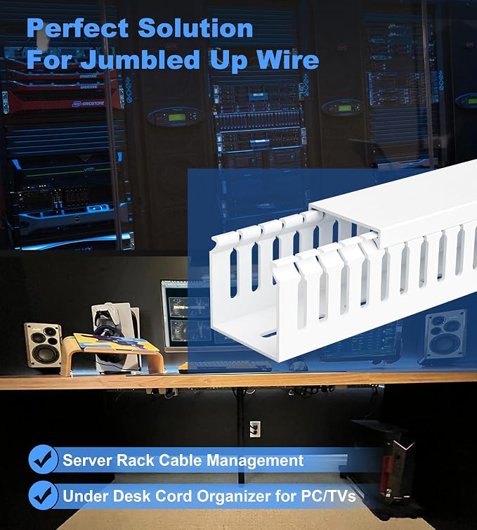 2" H x 2" W Cable Raceway, 99in Under Desk Wire Management Channel, White | Slotted Wire Duct, 6Pack, 16.5in Each, Heavy-Duty PVC Cable Management for Server Racks, Network Cables & Electrical Cabinets - Image 5