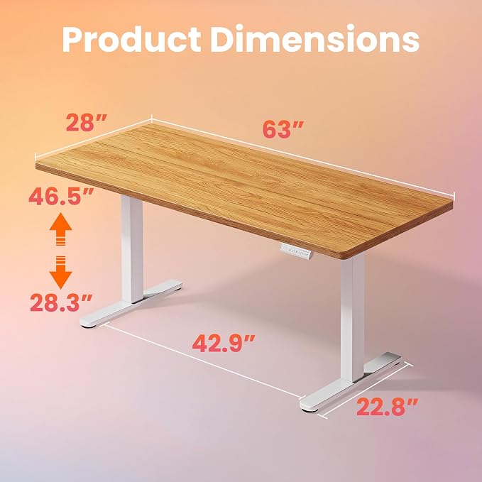 HUANUO 63x28 Inch Electric Standing Desk, Adjustable, Light Vintage Brown | 176 Lbs Capacity, Smooth Home Office Desk, 4 Memory Presets & Headphone Hooks, 28.3–46.5 Inch Height Range, Easy to assemble - Image 3