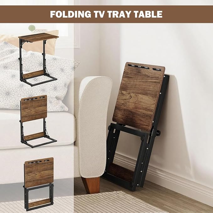 Folding TV Trays Set of 2,TV Dinner Tray Table,Adjustable Height TV Trays for Eating on Couch,C Shaped End Table with Tablet and Phone Slots,Foldable Side Table&Laptop Desk for Sofa&Bedside&Recliner | TV dinner tray table with tablet&phone slots,c shap... - Image 5