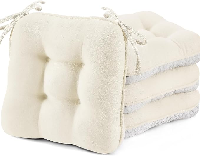 BETU White Chair Cushions for Dining Chairs Set of 4,3.5" Thick Kitchen Table Chair Pads with Ties,Non Slip Backing and Covers, Seat Cushion for Dining Room,Bar,Patio Chairs,15.5"X15.5"X3.5",White by BETU