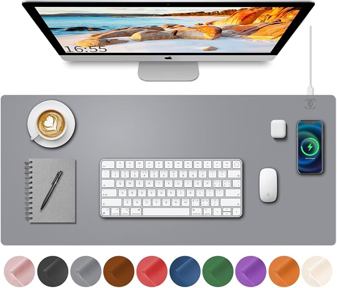 Desk Mat with Wireless Charging, Grey Mouse Pad with Wireless Charger, Desk Pad Matt for Desktop, Mousepad Gaming Large Mouse Pad, Leather Compute for Keyboard and Mouse, 32" x 16" by HopeLum