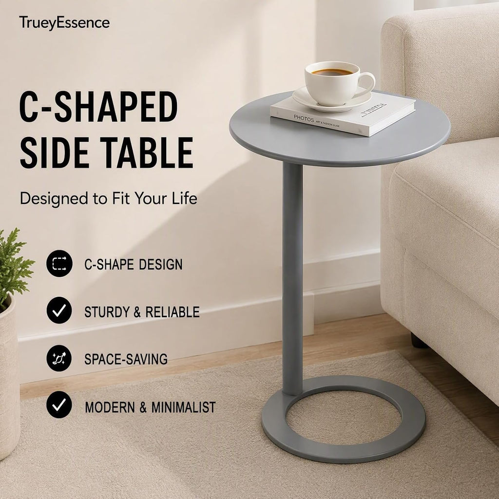 C-Shaped Round Side Table, Modern Metal End Table Laptop Tray with O-Shaped Base for Couch Living Room Bedroom Small Spaces (Grey, 18.9“x27.2”) - Image 3