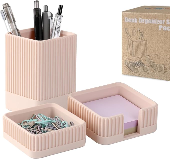 Aesthetic Desk Organizers and Accessories Set of 3 with Pen Holder,Paperclip Holder,Sticky Note Holder - Durable Plastic Pencil Holder for Office Women Men-Teacher Appreciation/Back-to-school Gift by Unknown
