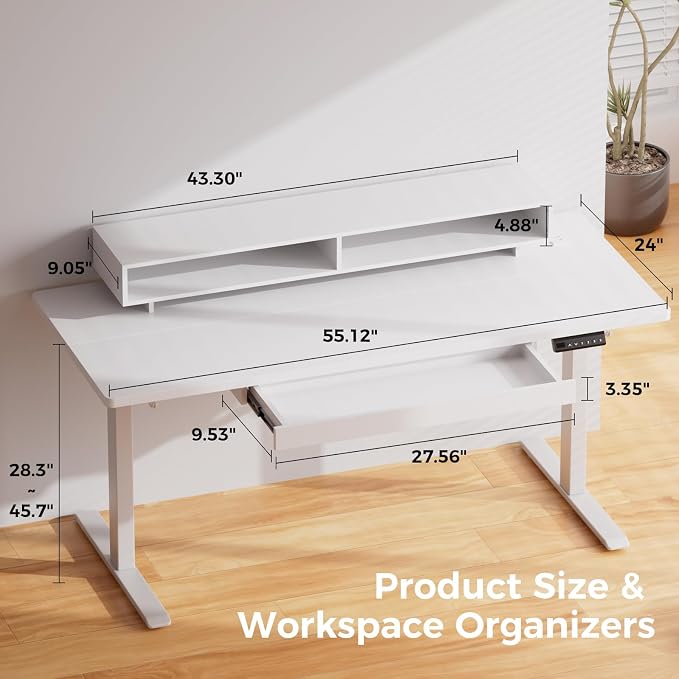 GTPLAYER Electric Standing Desk with Drawers, 55 x 24 Inch Height Adjustable Gaming Desk with Monitor Stand, Power Outlets & LED Lights, Home Office Sit Stand Up Desk with Memory Preset (White) - Image 2