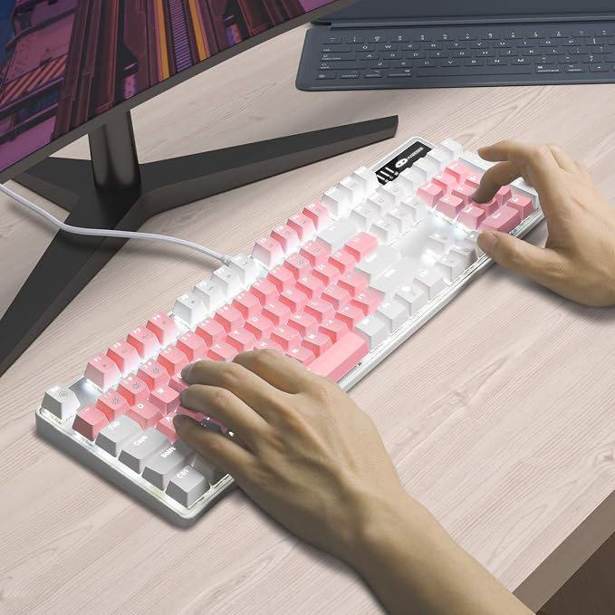 MageGee Mechanical Gaming Keyboard, New Upgraded Blue Switch 104 Keys White Backlit Keyboards, USB Wired Mechanical Computer Keyboard for Laptop, Desktop, PC Gamers(White & Pink) - Image 7