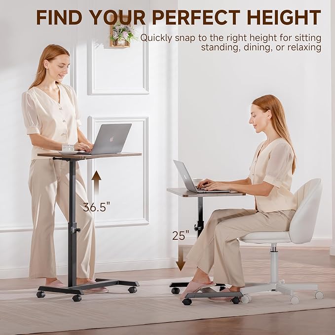 GTPLAYER Small Standing Desk, 24 Inches Foldable Mobile Rolling Laptop PC Table with Lockable Casters, Adjustable Height Overbed Bedside Table Computer Workstation for Home Office, Dark Brown-Foldable - Image 4