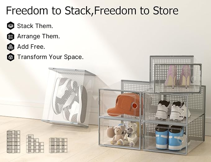 Kuject XX-Large Shoe Storage Boxes 12 Pack, Clear Stackable Shoe Organizer | Shoe Case for Closet, Entryway & Under-Bed Storage, Drop-Front Design, Space-Saving Solution for Family Organization,Grey - Image 6