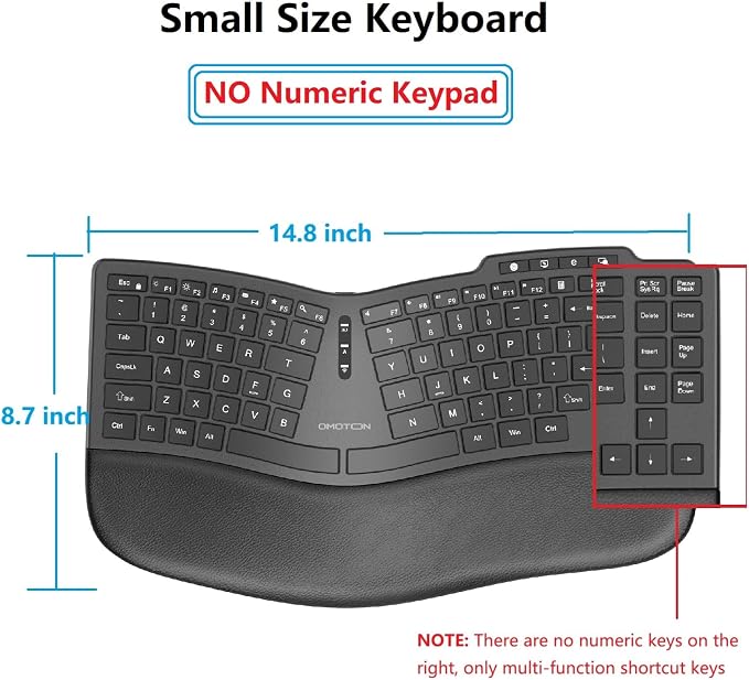 OMOTON Ergonomic Wireless Split Keyboard Compatible with Windows only, Cushioned Wrist Rest, Rechargeable, USB Connectivity, 2.4G Membrane Silent Keyboard, Classic Black - Image 2
