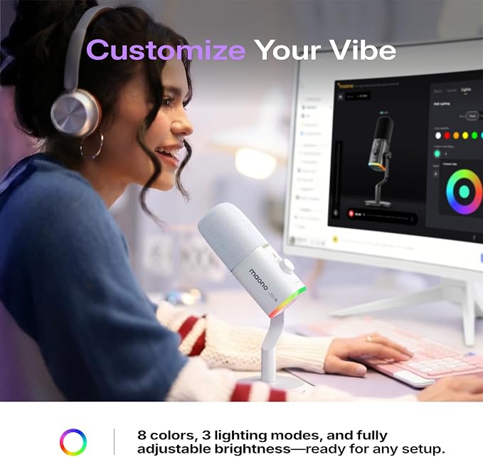 MAONO PD100W Wireless Dynamic Gaming Microphone for PC with USB-C Receiver | One-Click Noise Reduction,Custom RGB,Mute,Monitoring, Companion App,Boom Mic Set for Game Streaming Discord Podcasting, White - Image 6
