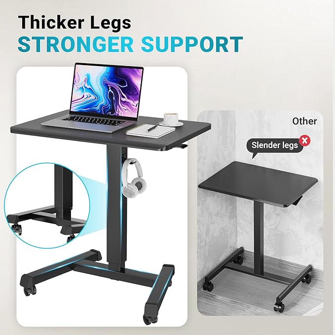 BONTEC Mobile Standing Desk Adjustable Height,Rolling Laptop Cart with Hook | Portable Workstation with Pneumatic Lift, Ergonomic Table with Wheels, Compact Home Office Desk, Black 25.6" x 17.7" - Image 3