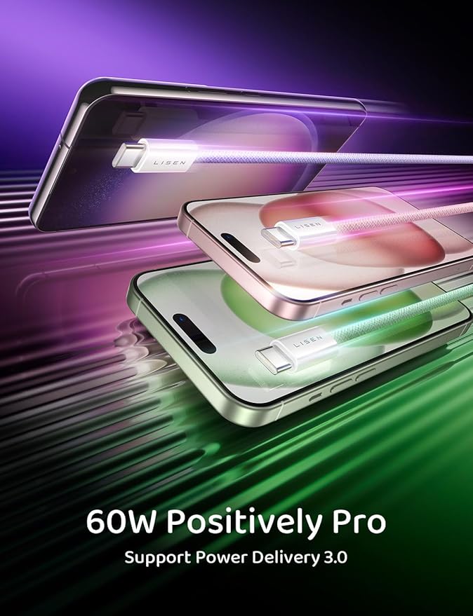 LISEN USB C Cable, 3-Pack [3.3/3.3/3.3FT] USBC to USBC Cable for iPhone 16e 15 Pro Max Charger Cord, 60W (3.1A) C to C Cable Fast Charging for Samsung S25/S24/23, Switch 2, iPad, MacBook - Image 2