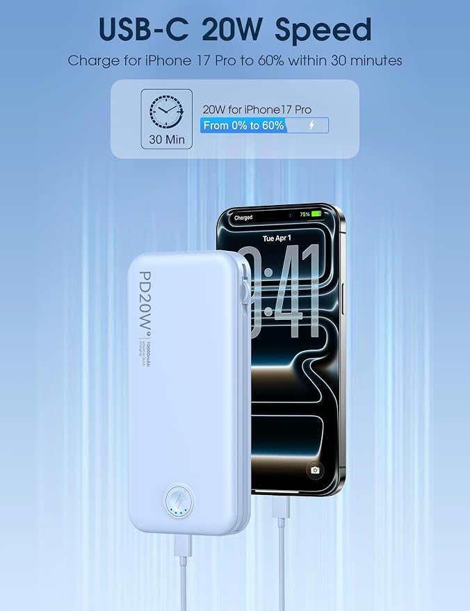 Nusyddy Portable Charger 10000mAh Fast Charging w/Built-in Wall Plug Blue | PD20W Fast Charging, LED Indicator, Pass Through Charging, TSA Approved, Compact/Slim, Power Bank for iPhone/iPad/Samsung - Image 4
