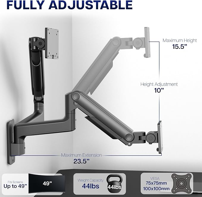 VIVO Premium Ultrawide Monitor Counterbalance Wall Mount for up to 49 inch Screens, Holds 44 lbs, Full Motion, Max VESA 100x100, Black, MOUNT-V101V - Image 3
