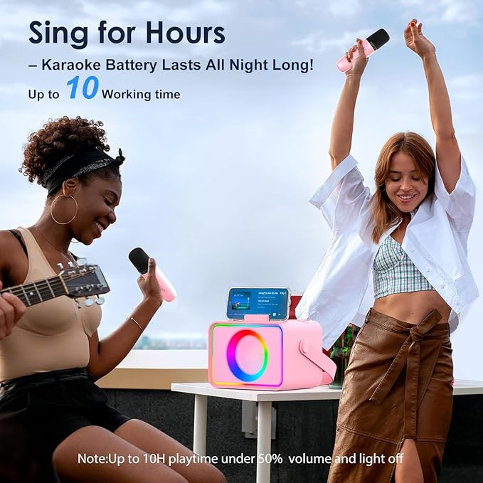 Karaoke Machine for Kids Adults,Portable Bluetooth Speaker with 2 Wireless Microphone with LED Lights, Karaoke Microphone with PA System Supports USB/TF/AUX,Gift for Party(Black) (Pink) - Image 6