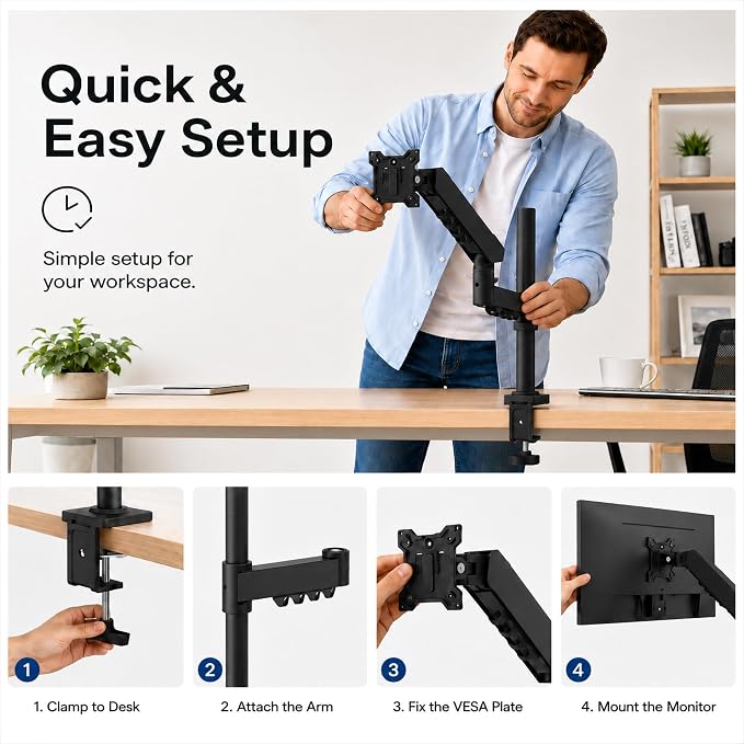 Long Reach Single Monitor Arm, Spring Desk Mount, 17-32 Inch, VESA | Long-reach spring arm adds movement space; rotatable arm collars and anti-slip rings support flexible screen positioning. - Image 5