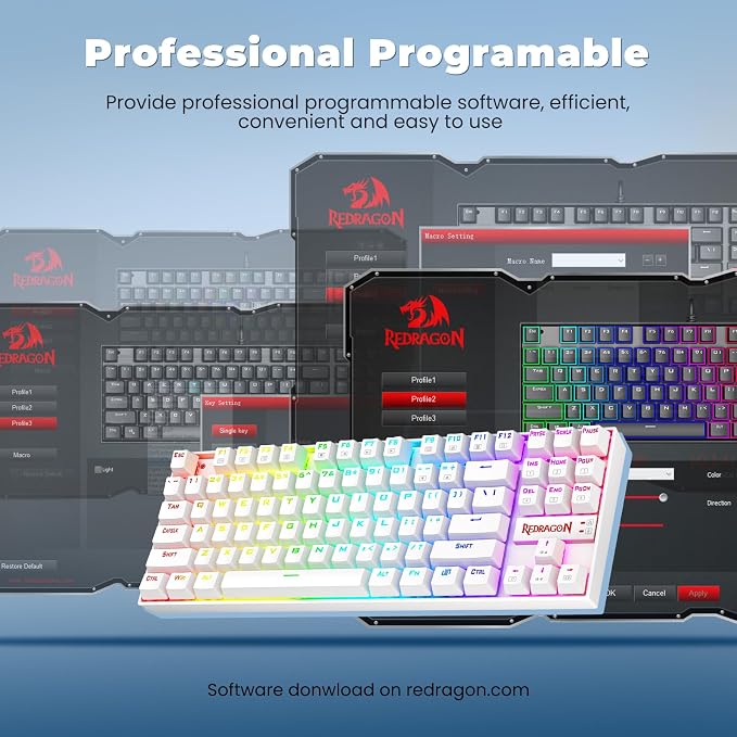 Redragon K552P Mechanical Gaming Keyboard TKL with 18 Backlight Modes, Hot-Swappable Blue Switches, 87-Key Compact Ergonomic Design, N-Key Rollover & Software Programmable Macro - RGB, White - Image 8