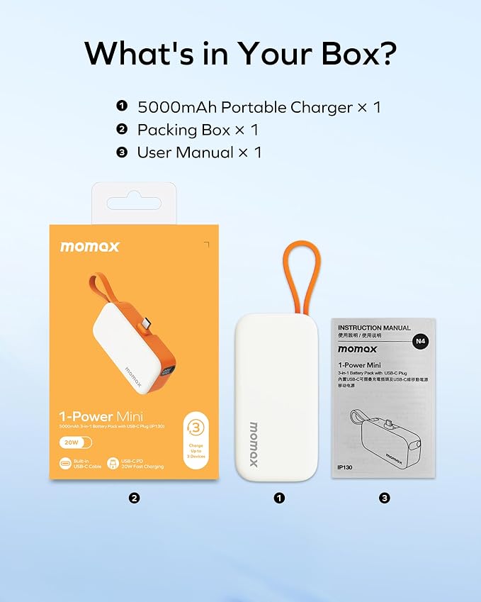 MOMAX Portable Charger 5000mAh Small Power Bank Wireless Portable Charger | PD 20W Fast Charging, 3 USB-C Port, LED Battery Display, Mini, Smart Temperature Control for iPhone 17 16 15 Pro Max, Orange - Image 8