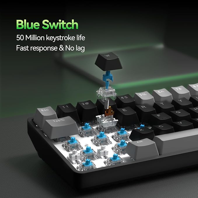 TMKB T68 60% Wireless Mechanical Gaming Keyboard, Tri-Mode BT5.0/2.4GHz/USB-C with Clicky Blue Switch, RGB Backlight, Anti-Ghosting, Compact 68 Keys, Wired/Wireless, Gray/Black - Image 3