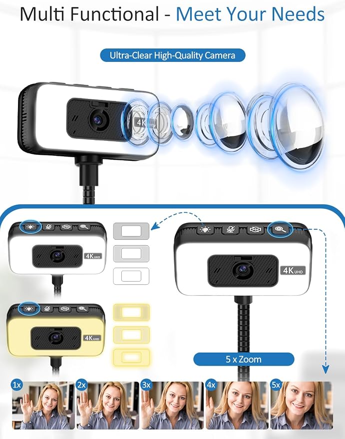 Webcam for PC, 4K Streaming Camera with Light, Web Camera for Desktop/Laptop Computer Webcam with Microphone, Plug and Play USB Web Cam with Bracket, for Video Calls and Meetings - Image 2