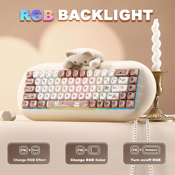 YUNZII C68 Wireless Mechanical Keyboard,65% Layout,Hot Swap,Triple Mode BT5.0/2.4G/Wired, RGB Backlit NKRO,Cute Cat Silicone Ergonomic Design for Win/Mac (Brown, Milk Switch) | Wireless Triple Mode BT5.0/2.4G/Wired, RGB Backlit NKRO, Cute Cat Silicone ... - Image 4