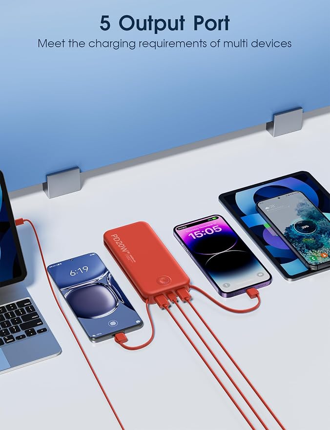 Nusyddy Portable Charger 10000mAh Fast Charging w/Built-in Wall Plug Red | PD20W Fast Charging, LED Indicator, Pass Through Charging, TSA Approved, Compact/Slim, Power Bank for iPhone/iPad/Samsung - Image 6